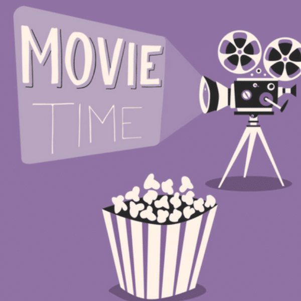 Image showing movie camera and popcorn on a purple background