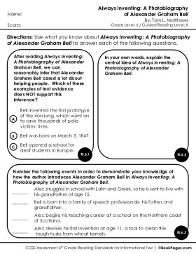 Thumbnail for Comprehension Assessment with Always Inventing: A Photobiography of Alexander Graham Bell