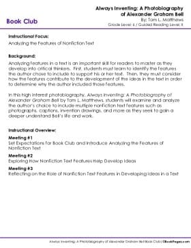 The first page of Book Club for Always Inventing: A Photobiography of Alexander Graham Bell Instructional Overview