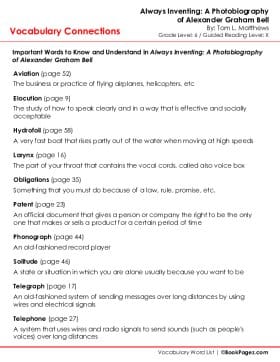 The first page of Vocabulary Connections with Always Inventing: A Photobiography of Alexander Graham Bell