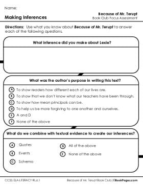 The first page of Book Club for Because of Mr. Terupt Focus Assessment and Rubric