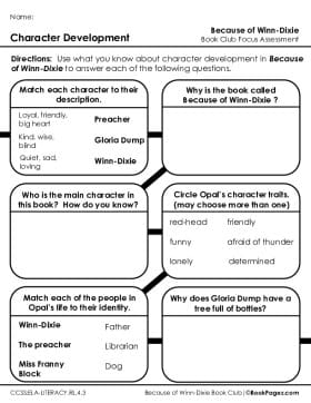 The first page of Book Club for Because of Winn-Dixie Focus Assessment and Rubric