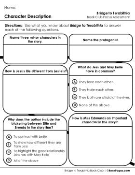 The first page of Book Club for Bridge to Terabithia Focus Assessment and Rubric