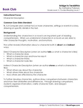 The first page of Book Club for Bridge to Terabithia Instructional Overview