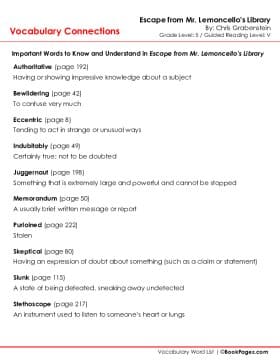 The first page of Vocabulary Connections with Escape from Mr. Lemoncello's Library