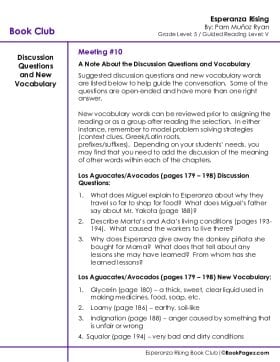 The first page of Book Club for Esperanza Rising Meeting 10