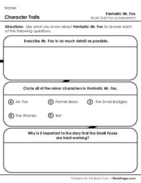 The first page of Book Club for Fantastic Mr. Fox Focus Assessment and Rubric