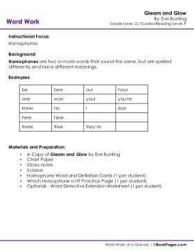 The first page of Homophones with Gleam and Glow