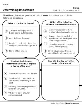 The first page of Book Club for Holes Focus Assessment and Rubric