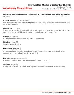 The first page of Vocabulary Connections with I Survived the Attacks of September 11