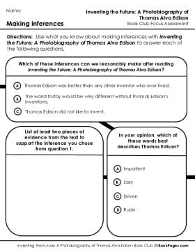 The first page of Book Club for Inventing the Future: A Photobiography of Thomas Alva Edison Focus Assessment and Rubric