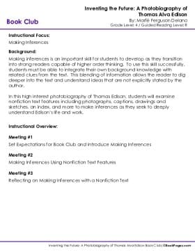 The first page of Book Club for Inventing the Future: A Photobiography of Thomas Alva Edison Instructional Overview