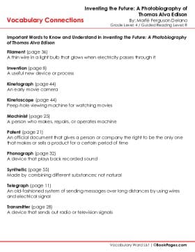 The first page of Vocabulary Connections with Inventing the Future: A Photobiography of Thomas Alva Edison