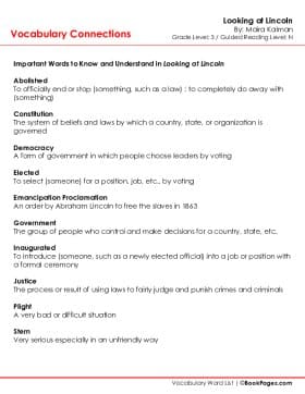 The first page of Vocabulary Connections with Looking at Lincoln