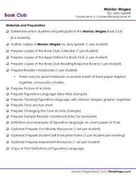 The first page of Book Club for Maniac Magee Instructional Overview