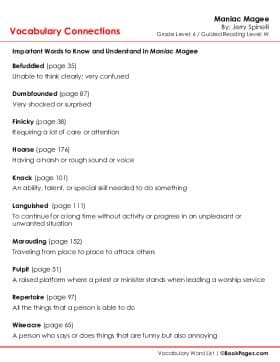 The first page of Vocabulary Connections with Maniac Magee