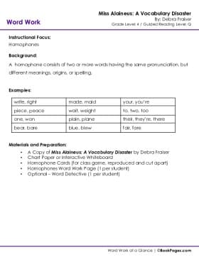 The first page of Homophones with Miss Alaineus: A Vocabulary Disaster