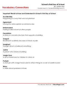 The first page of Vocabulary Connections with School's First Day of School