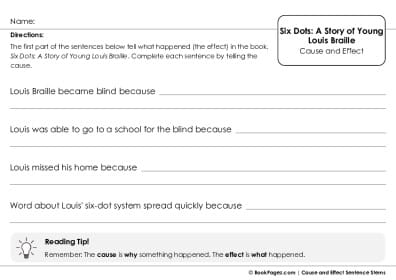 Thumbnail for Cause and Effect Sentence Stems with Six Dots: A Story of Young Louis Braille