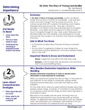 The first page of Determining Importance with Six Dots: A Story of Young Louis Braille