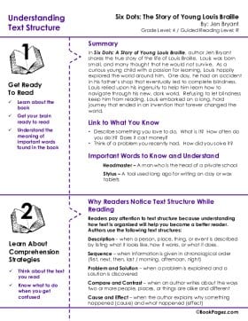 The first page of Understanding Text Structure with Six Dots: A Story of Young Louis Braille