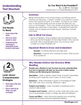 The first page of Understanding Text Structure with So You Want to Be President?