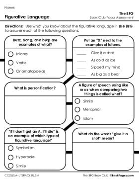 The first page of Book Club for The BFG Focus Assessment and Rubric