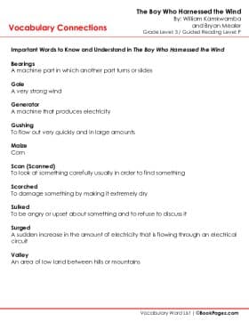 The first page of Vocabulary Connections with The Boy Who Harnessed the Wind