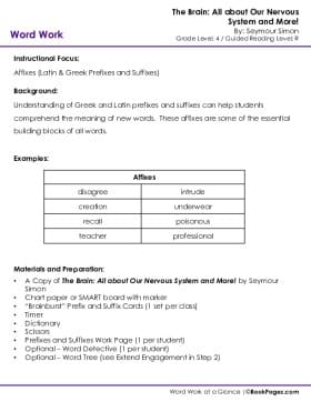 The first page of Word Work with The Brain: All about Our Nervous System and More!