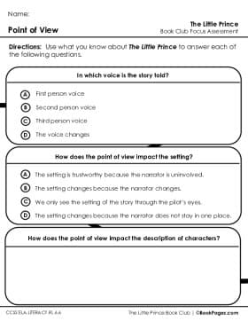 The first page of Book Club for The Little Prince Focus Assessment and Rubric