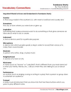 The first page of Vocabulary Connections with Trombone Shorty