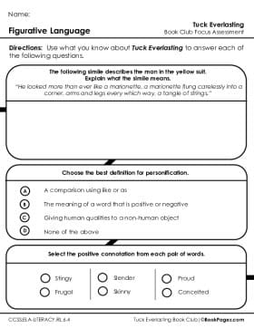 The first page of Book Club for Tuck Everlasting Focus Assessment and Rubric