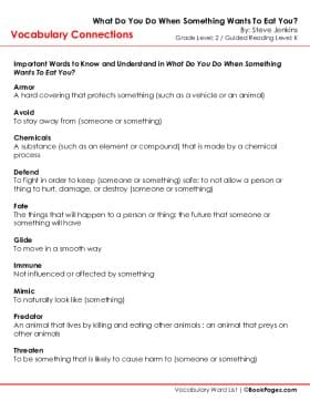 The first page of Vocabulary Connections with What Do You Do When Something Wants To Eat You?