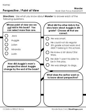 The first page of Book Club for Wonder Focus Assessment and Rubric